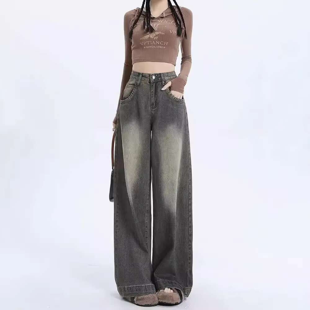New Arrival Fall 2023 High-Waisted Vintage Wide-Leg Jeans Women's American Style Straight-Leg Casual Loose Fit Denim Trousers