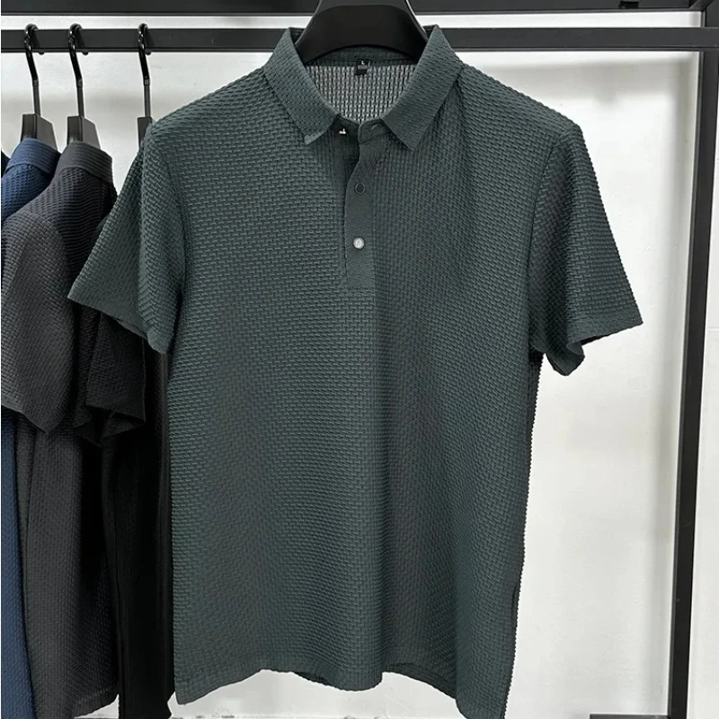 Summer Mens Lopup Hollow Shortsleeved Polo Shirt Ice Silk Breathable Business Fashion TShirt Male Clothes 250121