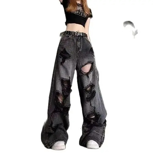 Vintage High Waist Denim Pants Ripped Jeans Women Fashion Loose Wide Leg Straight Pants Y2k Washed Streetwear Female 250206