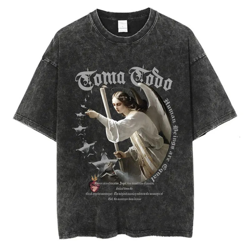 Men Fashion Washed T Shirt Streetwear Graphic Print Harajuku Hip Hop T-Shirt Summer Black Short Sleeve Cotton Loose Tops Tees 250207