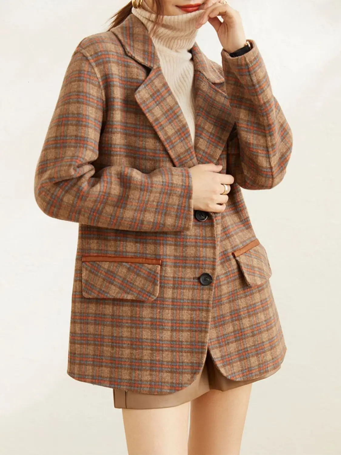 Womens High-end Cashmere Womens Jacket Plaid Coat Suit Jacket Korean Version Loose Fit 250207