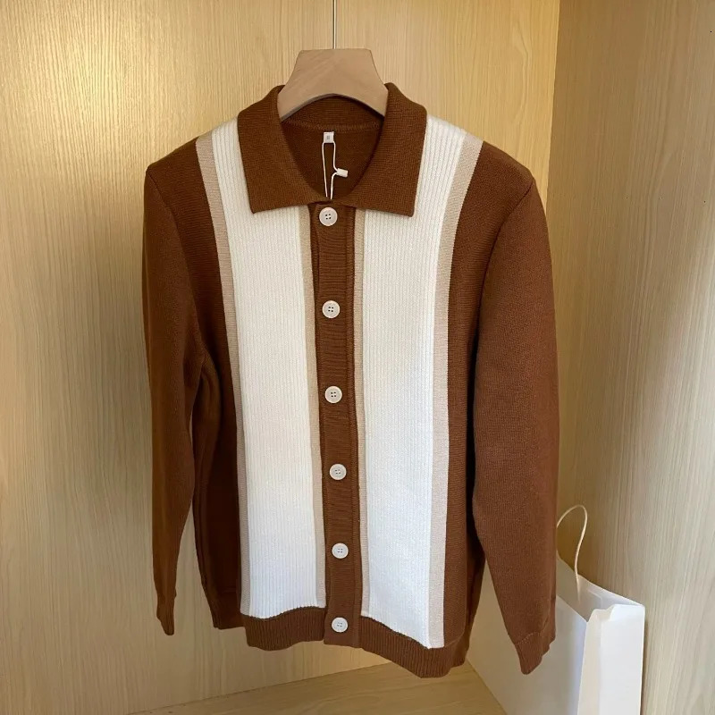 Mens clothing fashionable contrasting color patches buttons sweaters cardigans winter polo collars long sleeves loose knit jackets 250207