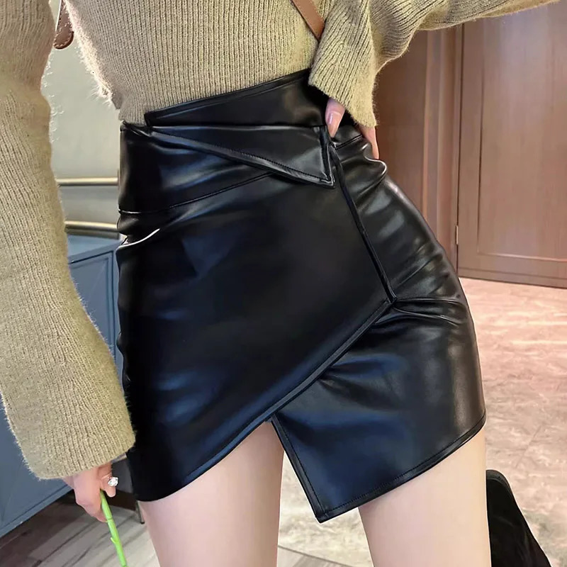 Womens Skirt Korean Edition Solid Color High Waist Irregular n Pu Leather Ultra Thin Sexy Belt Safety Pants Dress 250208Z
