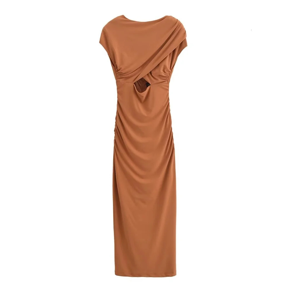 TRAF Autumn product womens warm simple open n pleated short sleeved slim fit backless long skirt Midi dress 250207