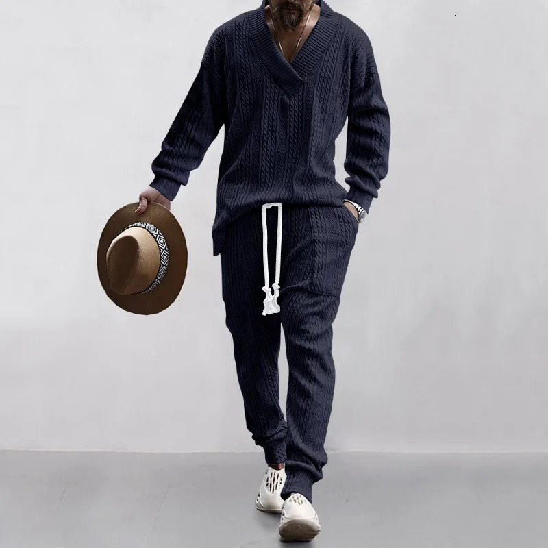 Male Beach Set Quick Dry Hawaiian Casual Pants V-neck All Matching Jacquard Knit Mens Suit Solid Color Long-Sleeved TopPants 250208