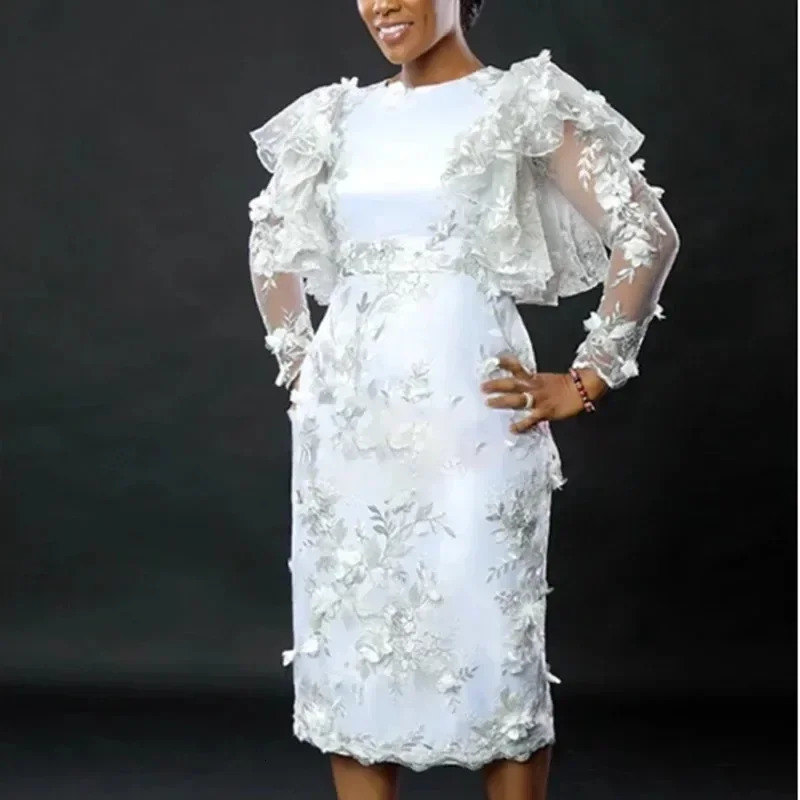 White Appliques Flower Dres Embroidery Midi Dresses Elegant Ruffles Tulle Long Sleeve Birthday Wedding Outfits 250207