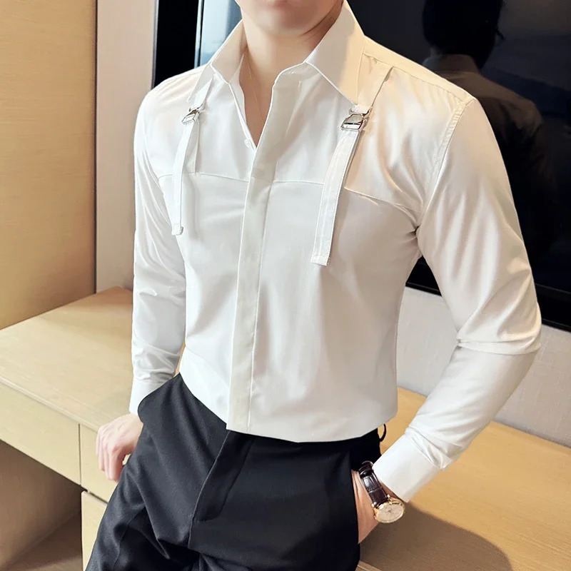 Slim Fit Mens Suspenders Shirt Mens Long Sleeve Shirt Stage Performance Costume M-3XL Personalized stretch Shirt. 250207