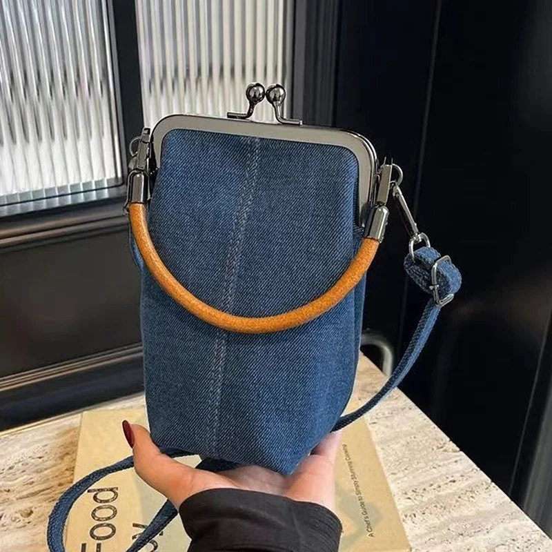 Denim Crossbody Bag Female Vintage Kiss-Lock Bag Small Phone Purse Trendy Cross Body Bags For Women 250208