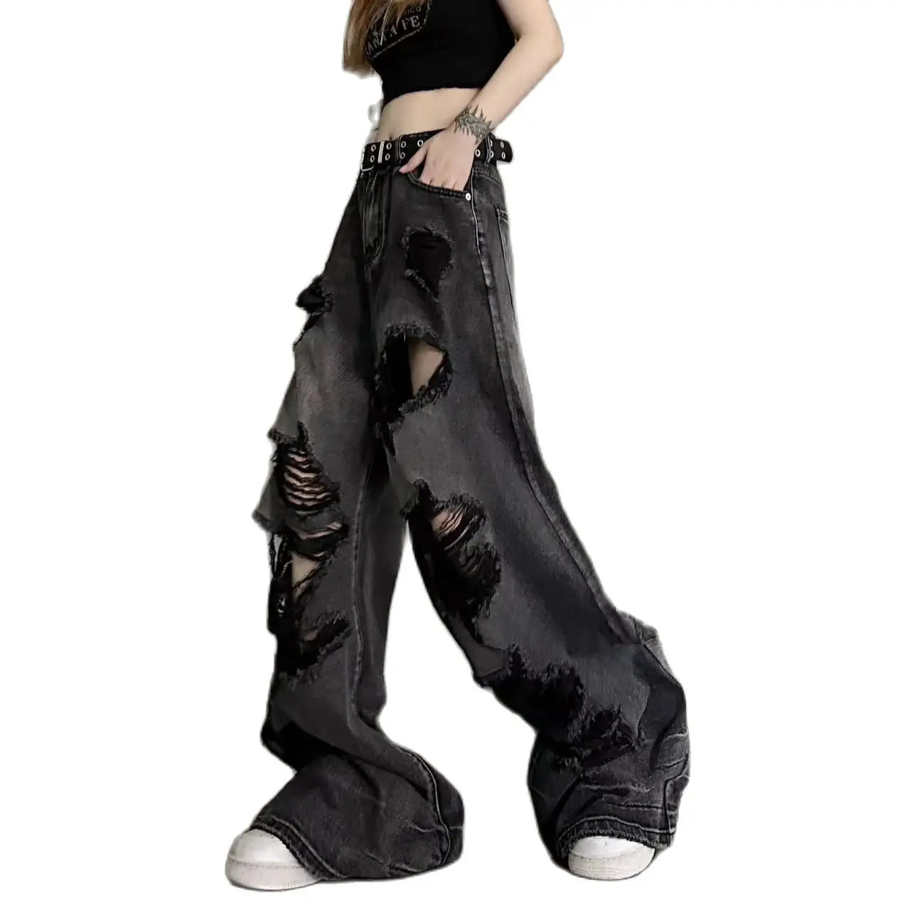 Vintage High Waist Denim Pants Ripped Jeans Women Fashion Loose Wide Leg Straight Pants Y2k Washed Streetwear Female 250206