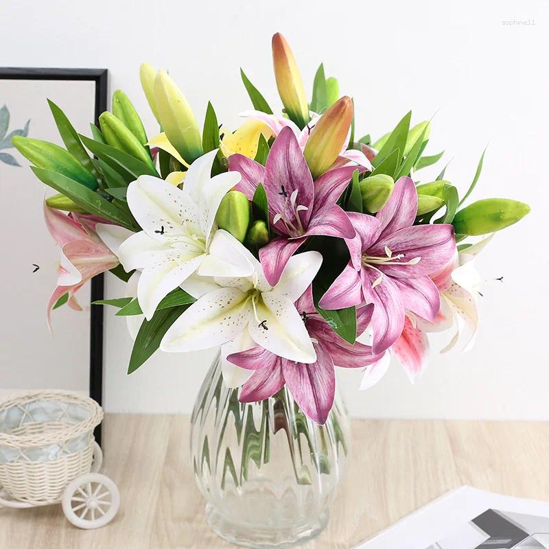 Update Decorative Flowers Real Looking 3D Printing Lily Branch Artificial White Fake Flores For Wedding Home Garden Decoration
