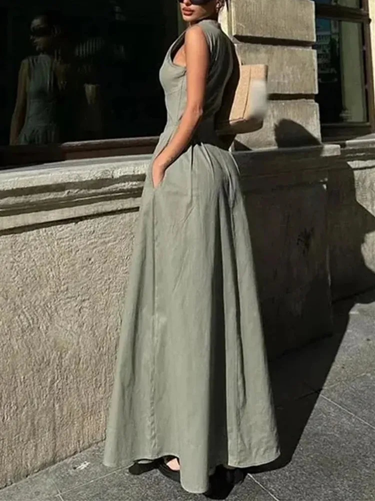 TRAF Zipper Long Dress Wrinkled Sleeveless Tight Summer Elegant Party Womens Wear 2024 Midi 250207