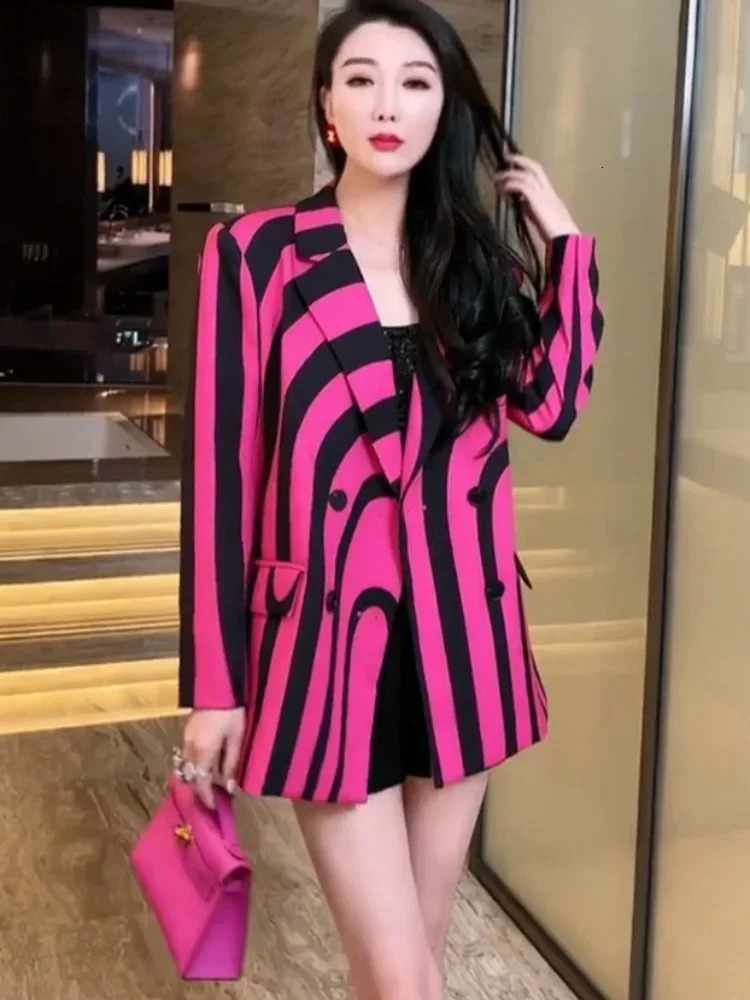 Rose Red Zebra Stripe Loose Womens Jacket Y2K European er Jacket Fashion Party Formal Aesthetic Coat Spring Casual 250207