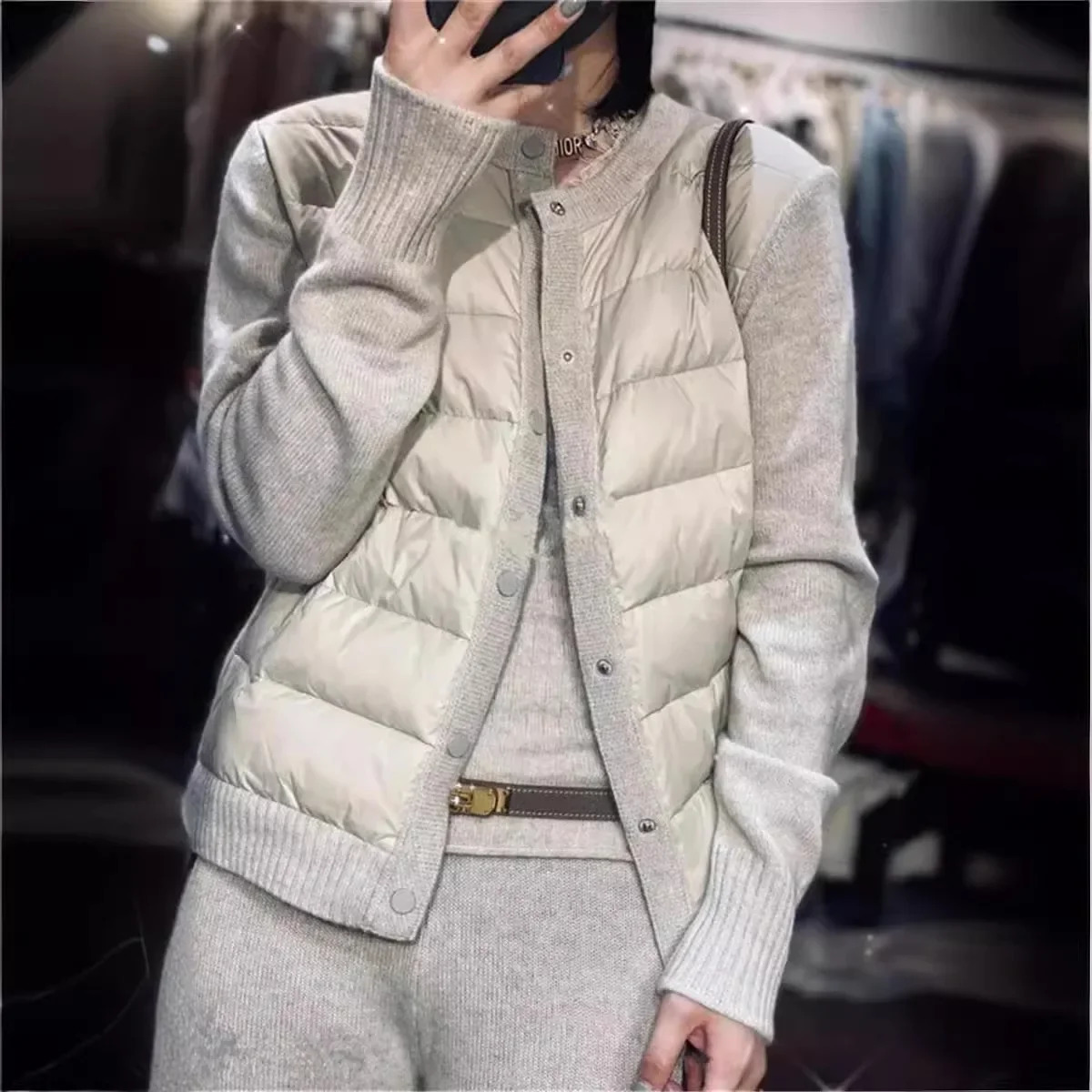 2023 Winter Womens Sweaterknit Jacket Cropped Stylish Casual Cardigan Down CottonPadded Coat European Style Clothing 250113Z