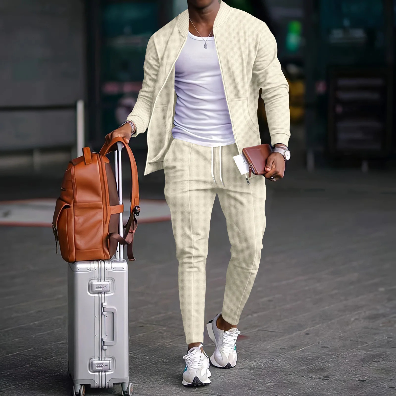 Autumn and winter casual mens outdoor blazer set Waffle baseball suit round neck pocket zipper long sleeve trousers two-piece s 250208