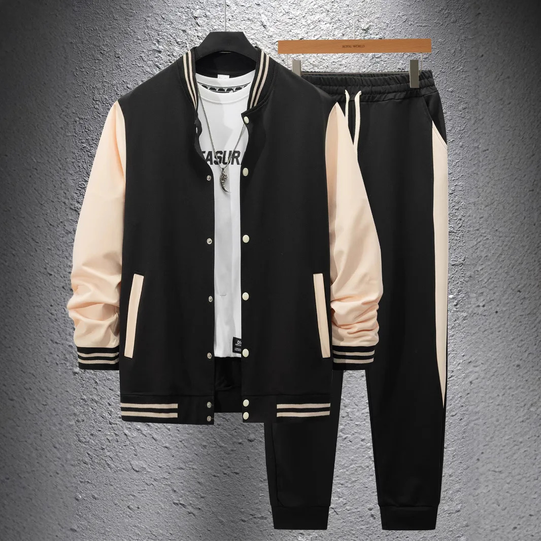 Autumn and winter thick baseball suit casual mens stand collar cardigan coat matching color sports long sleeve pants suit 250208