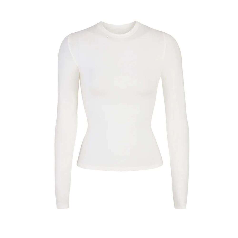 Women's autumn fashion SK style, solid color round neck long sleeved high neck waist cinched basic top for women's casual base shirt