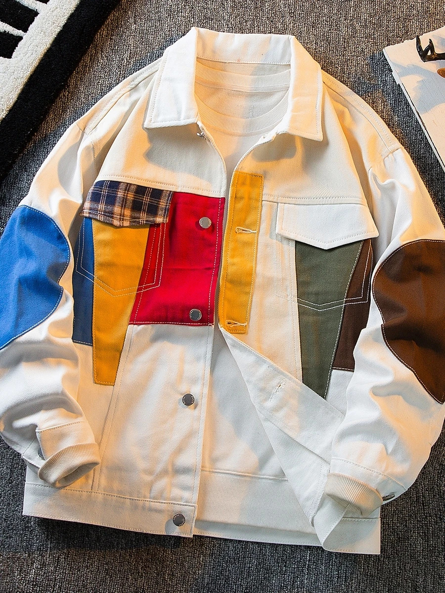 Color Patchwork Personalized Vintage White Denim Jacket Mens Casual Cargo Top Loose Fit American Style Spring Autumn Outerwear 250207