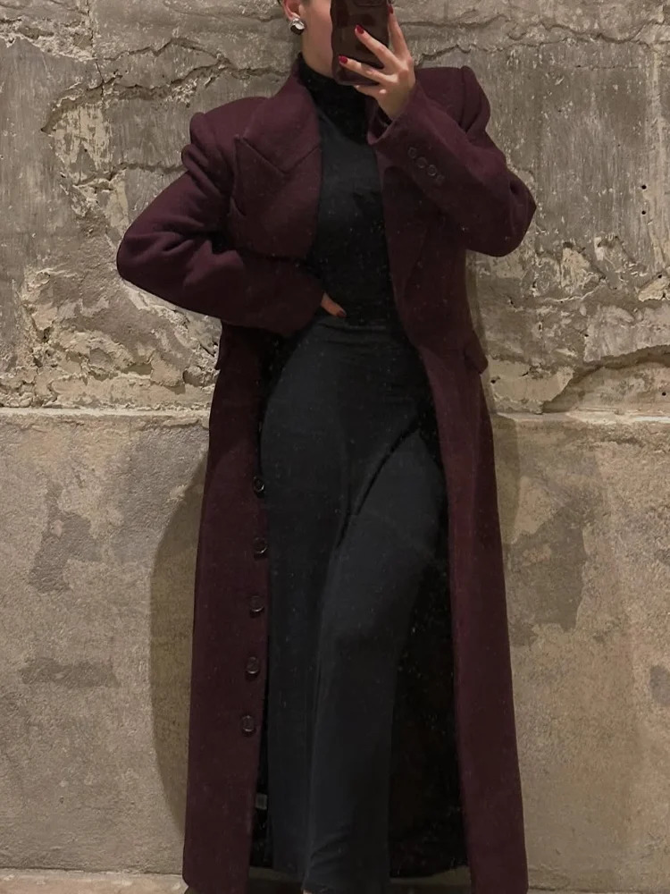 2025 Chic Burgundy Single Breasted Full Sleeve Wool Jacket Casual Slim Fit Lapel Pockets Coat Lady High Street Outerwears 250110