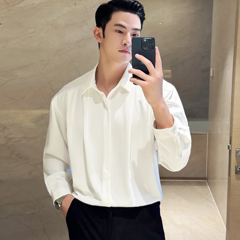High End Solid Color Shirts Men Loose Pleated Hanging Shirt Long Sleeved Shirt Casual Business Social Men Clothing 250207