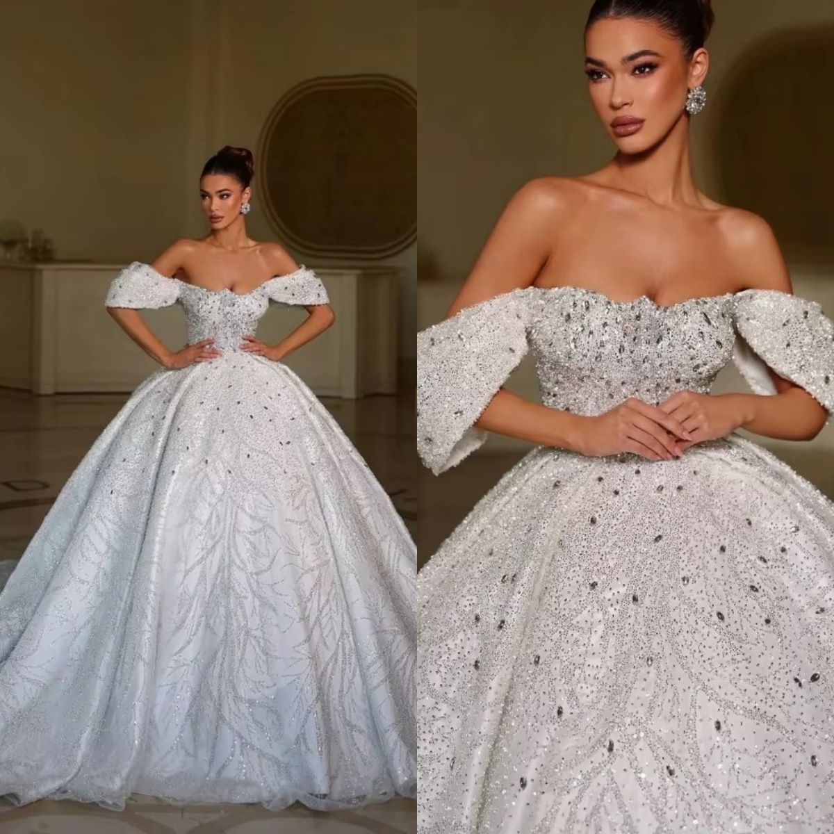 Off Shoulder Ball Wedding Dress, Crystal Sequins, Sweep Train, Custom Made Bridal Gown