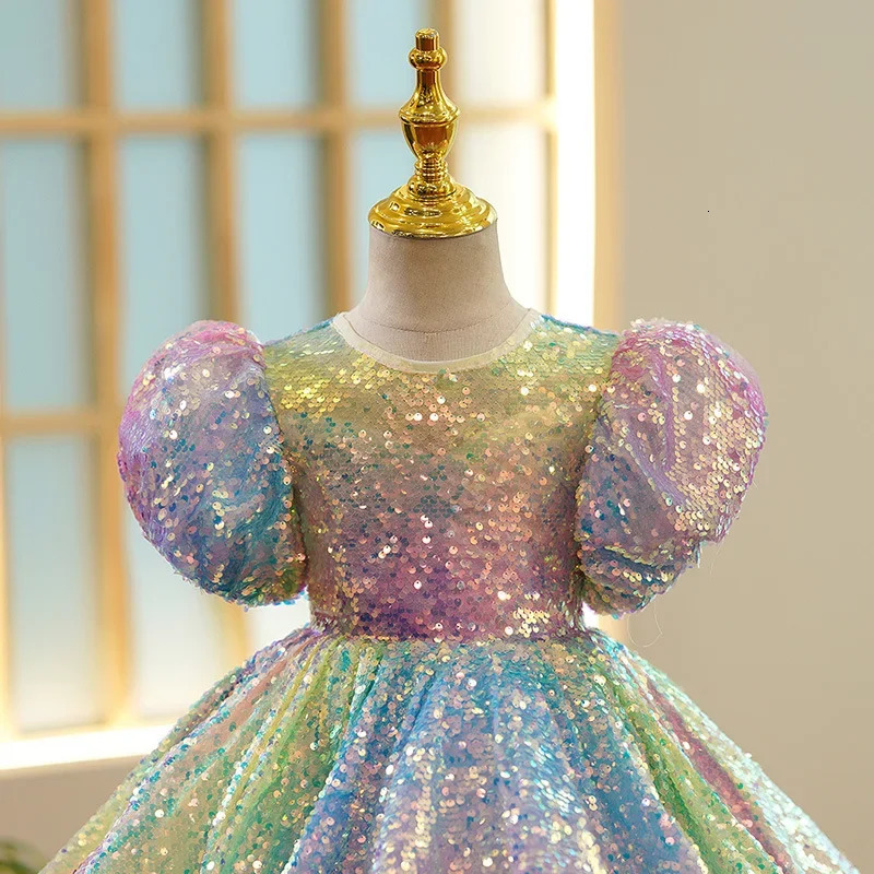 Sequin Ombre Girl Dress Pastel Sparkles Shimmers Puffy Sleeves Sequin Dress Girls Birthday Party Clothes 250114