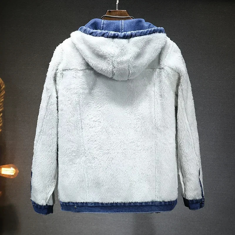 Men Denim Jacket Thick Coats Hooded Drawstring Single Breasted Coat Full Sleeve Casual Simple Pockets Jackets Autumn Winter 250207