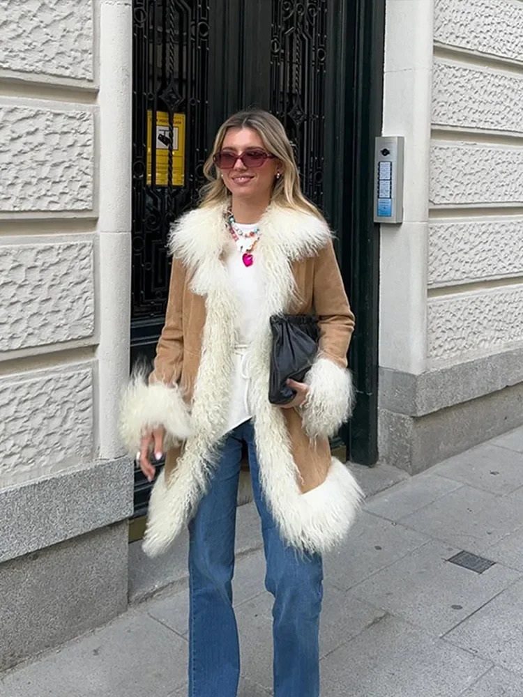 Fur Collar Thick Coat Leather Beach Wool MidLength Coats Thicken Velvet Cotton Overcoat Cardigan Padded Outwear Winter 250109Z