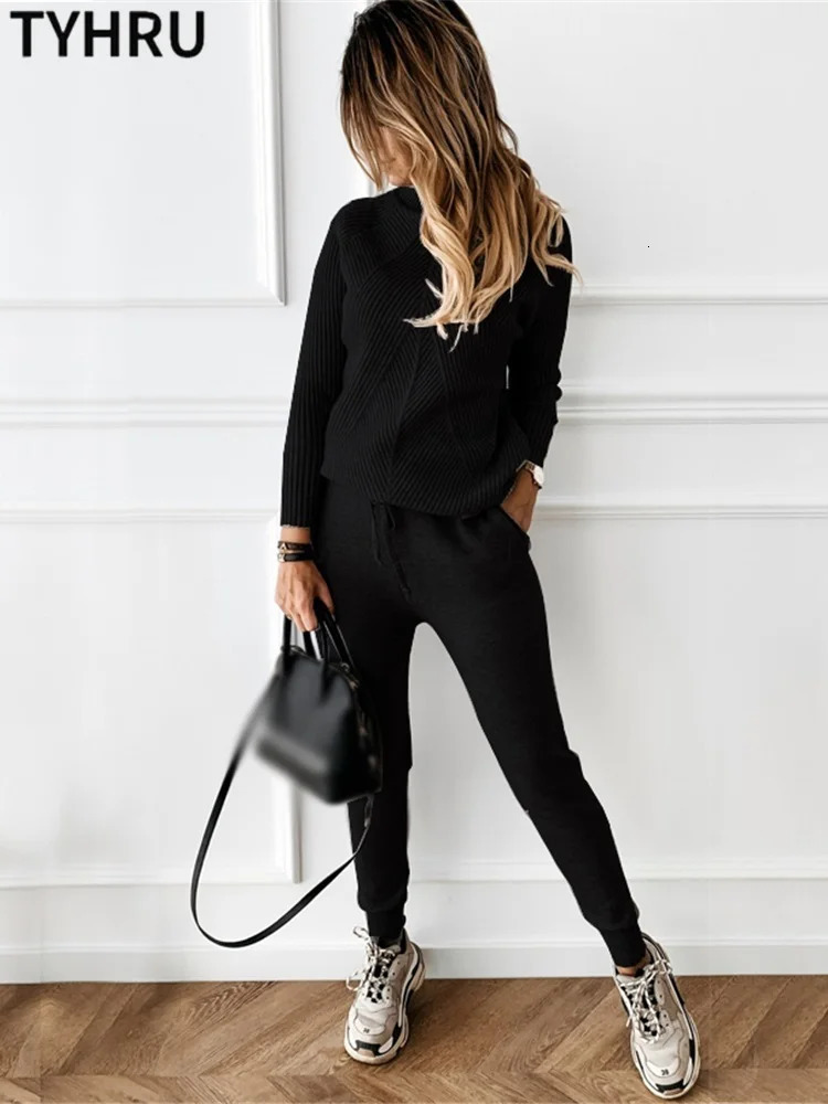 TYHRU Autumn Winter Womens tracksuit Solid Color Striped Turtleneck Sweater and Elastic Trousers Suits Knitted Two Piece Set 250207