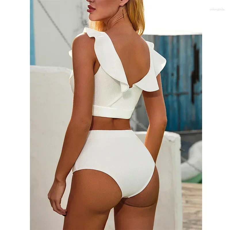 Womens Swimwear Bikini 2025 Sexy Swimsuit Women Ruffle V-neck Metal Buckle High Waist White Beach Bikinis Set Bathing Suit Push Up