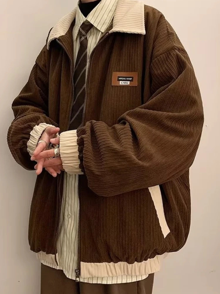 Mens Jackets Contrast Color Vintage Hong Kong Style Loose Leisure Allmatch Cozy Lapel Teens Streetwear Youthful Warm Classic 250208Z