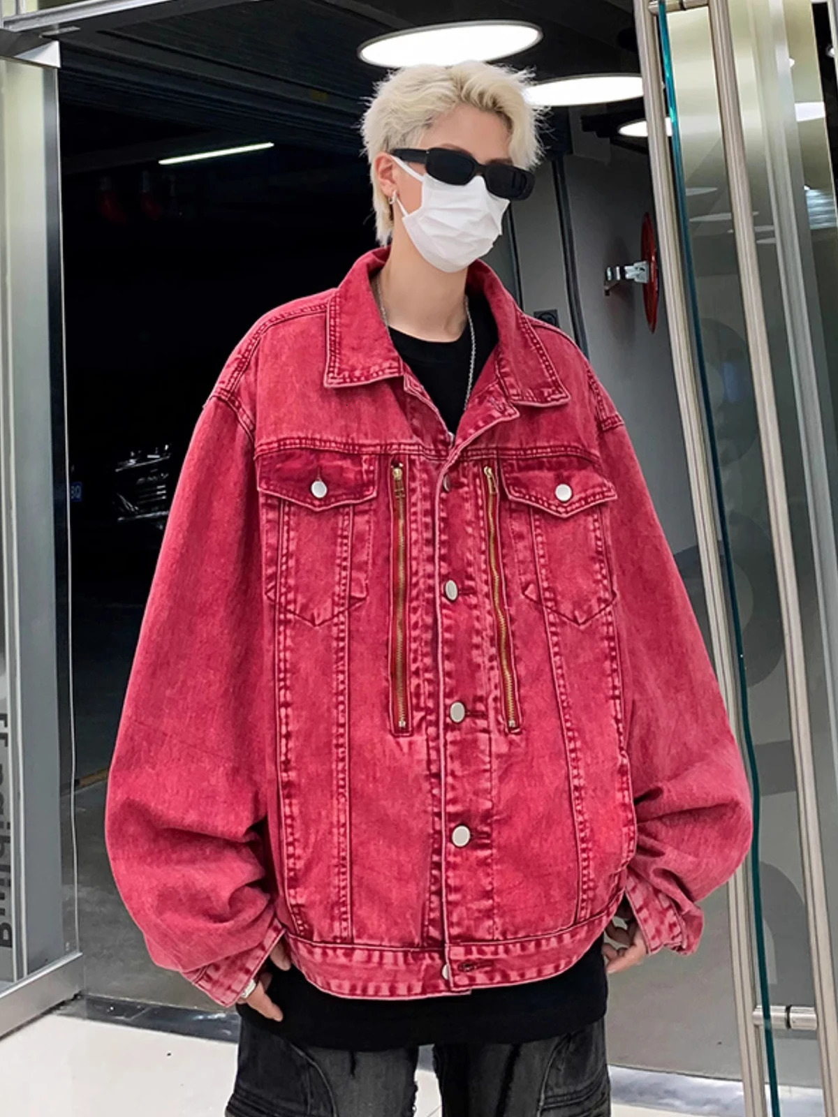 REDDACHIC Distressed Red Denim Jacket for Men Windbreaker Zipper Decor Loose Casual Bomber Coat Autumn Vintage Y2k Streetwear 250207