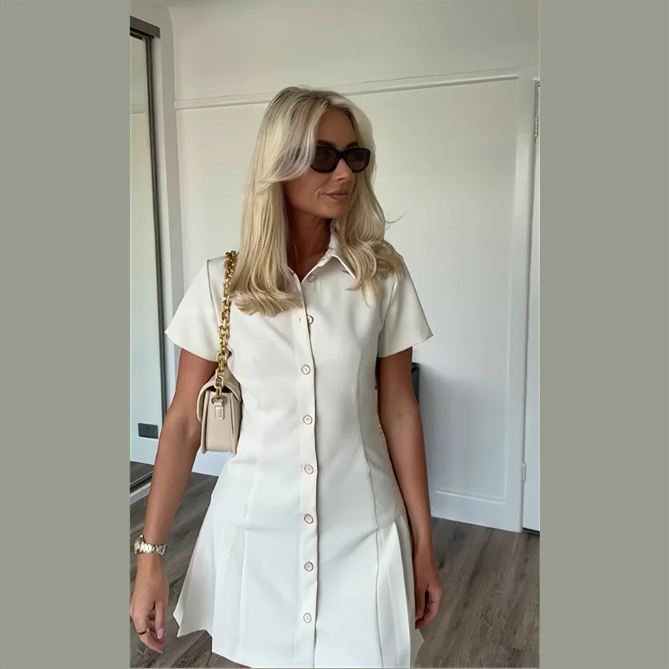 PB ZA 2024 Spring Womens Fashion and Elegance Slim Fit Waist versatile Shirt style Short Dress 250208