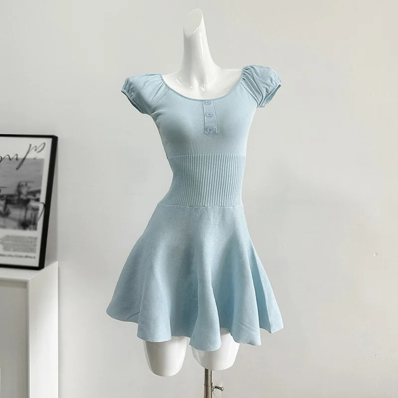 Sweet Short Ballet Style Dress Knitted Weight Loss Bubble Sleeves Solid Color Casual Summer 250208Z