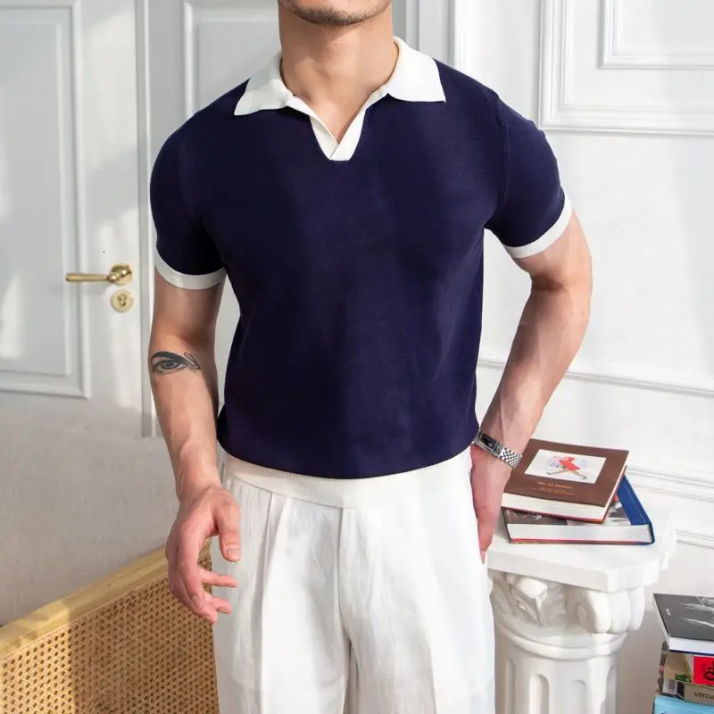 Spring Summer Fashion Elegant Polo Neck Knitted Tees Casual Versatile Western Clothing Loose Slim Mens TShirts 250207
