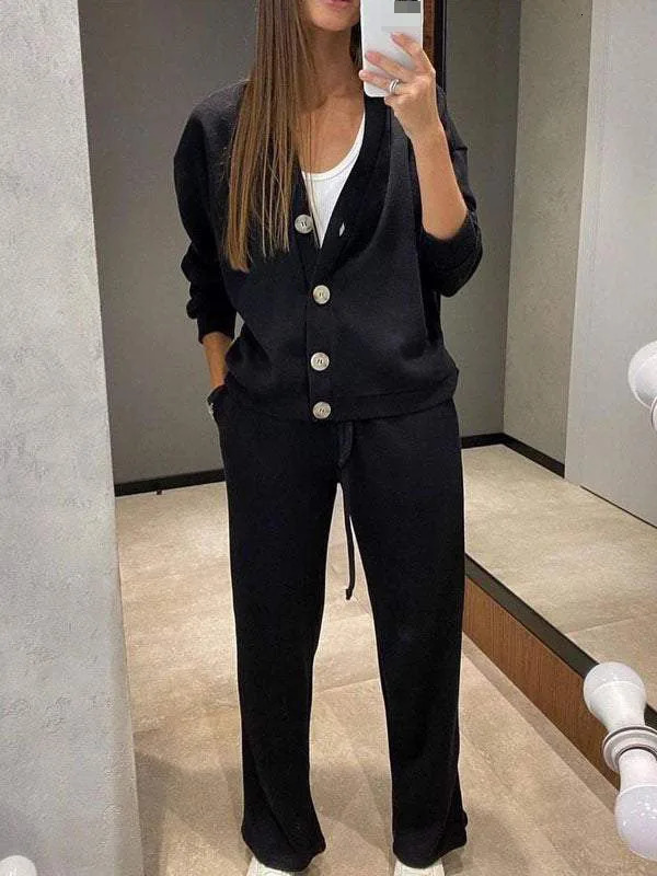 Autumn Winter Womens Clothing Fashion Single Breasted Casual Sports Suit Cardigan Top Lace Up Pants Two-piece Set Women 250207