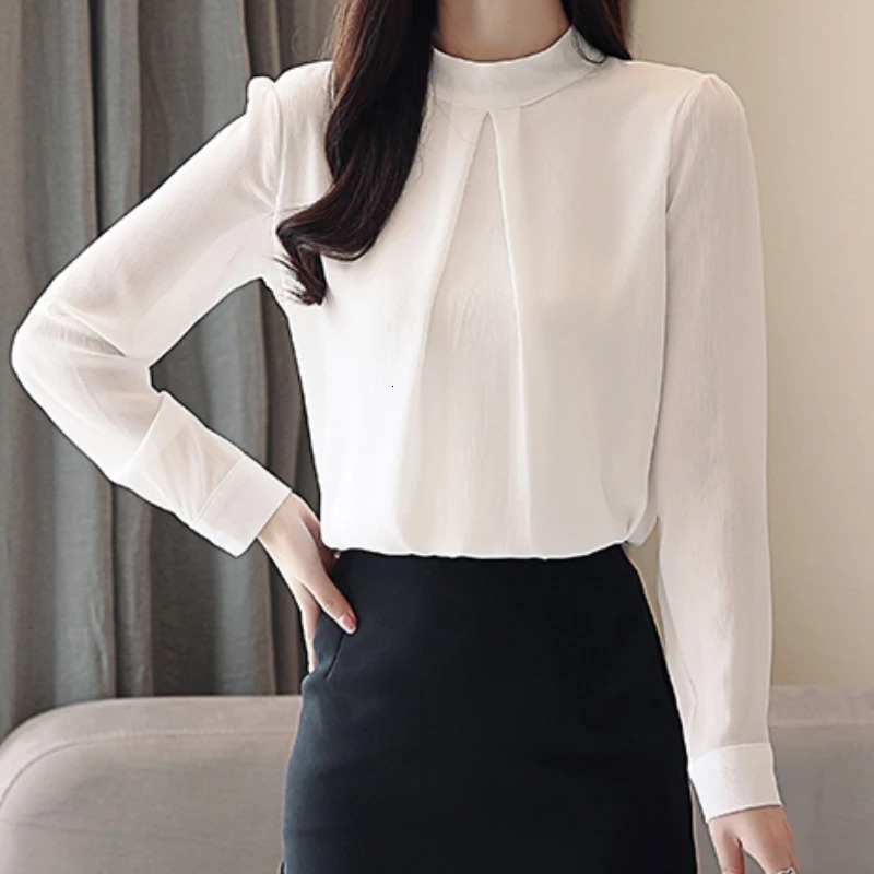 2025 Spring Autumn Chiffon White Womens Blouse Long Sleeve Stand Collar Elegant Workwear Office Lady Korean Shirts Female 250121