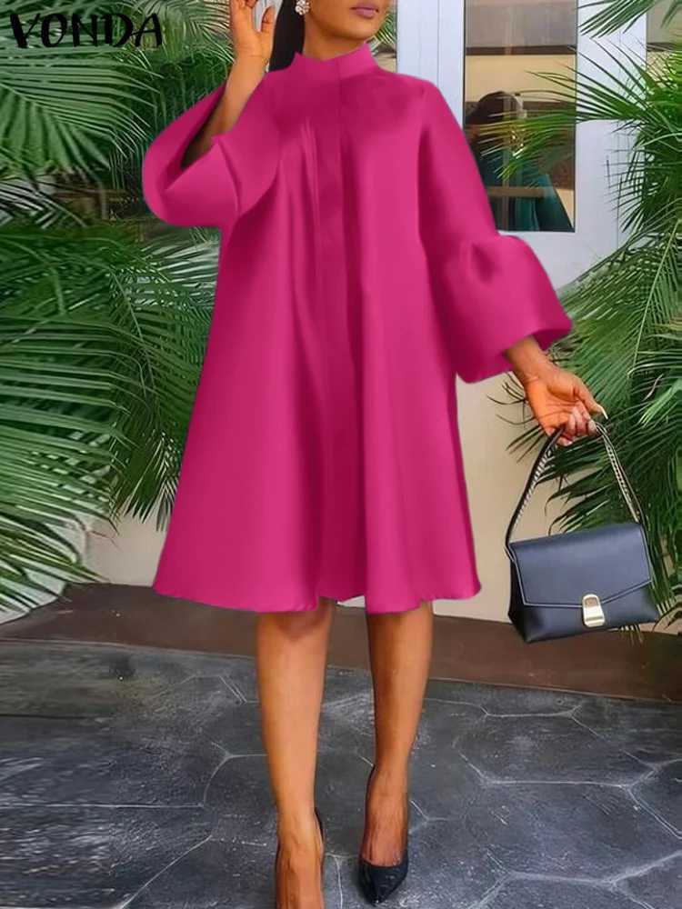 VONDA Women Ele Kn-length Dresses 2024 Causal Puff All Solid Stand Collar Loose Party Dresses Holiday Dress Oversized W250208