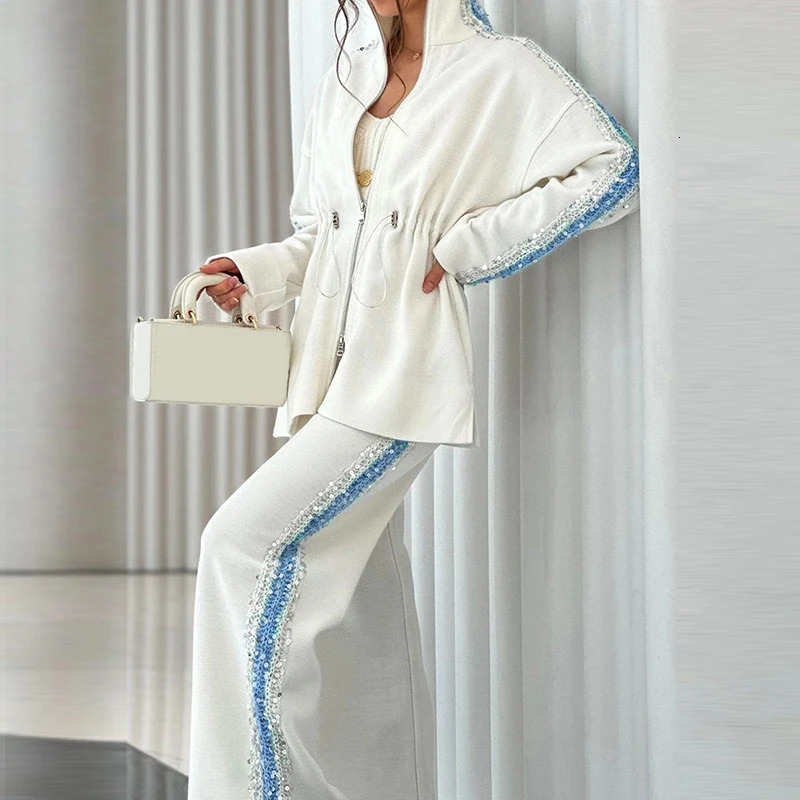 Autumn Winter Long Sleeved Loose Two Piece Set Fashion Sequin Patchwork Straight Suit Women Stand Collar Jacket and Pants Outfit 250207