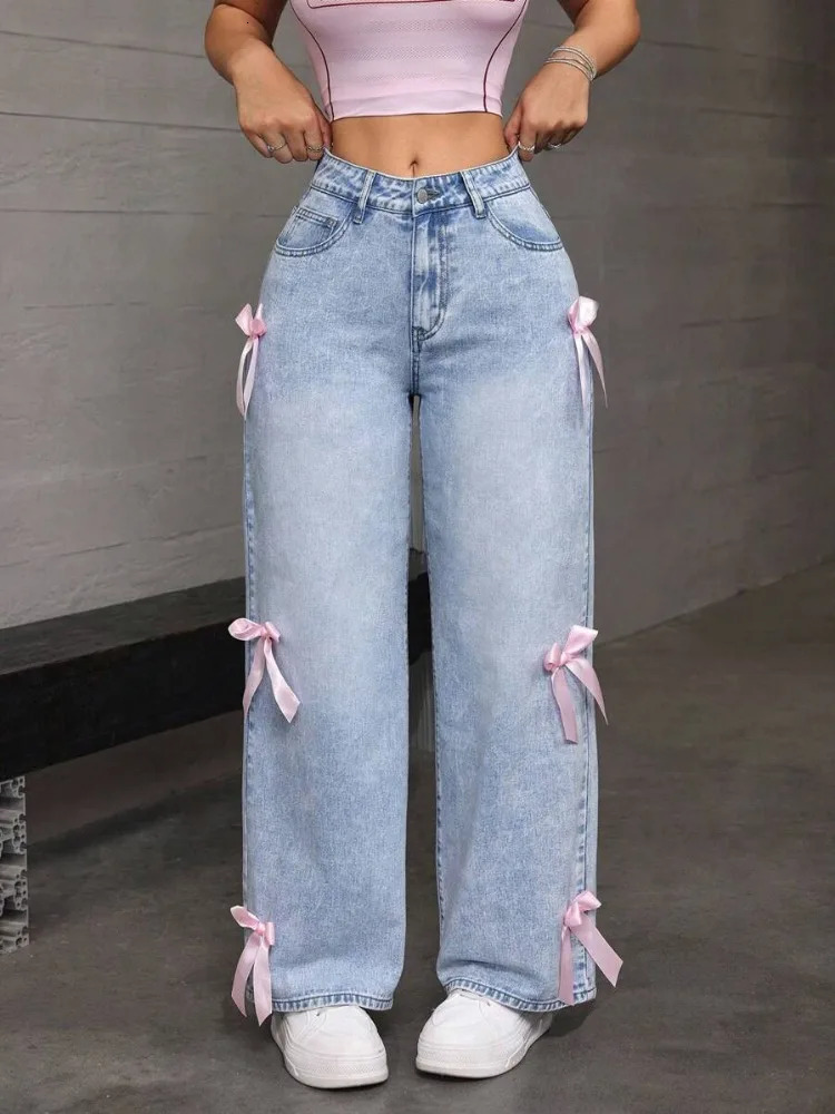 HOUZHOU Women Casual Bowknot Decor Jeans Y2k Blue Baggy Denim Trousers Loose Straight Sweet Coquette Aesthetic Washed Jeans 250206