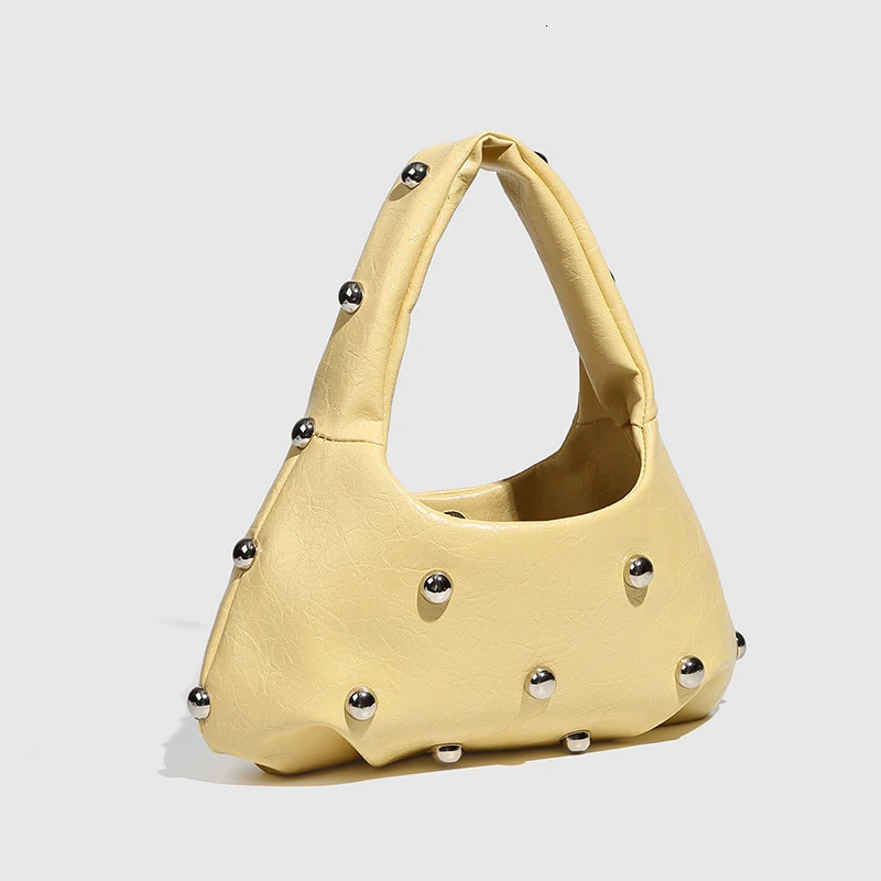 Mushroom Rivet Cowhide Shoulde Bag Brown Fashion Handbag Underarm Bag 2025 High-end Niche Silver Metal Lady Bag 250208