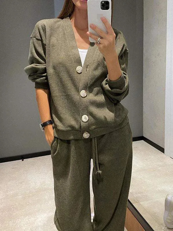 Autumn Winter Womens Clothing Fashion Single Breasted Casual Sports Suit Cardigan Top Lace Up Pants Two-piece Set Women 250207
