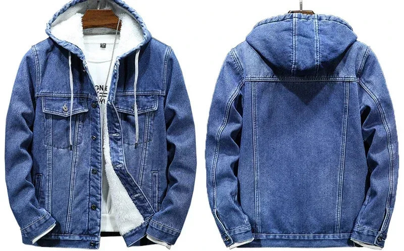 Men Denim Jacket Thick Coats Hooded Drawstring Single Breasted Coat Full Sleeve Casual Simple Pockets Jackets Autumn Winter 250207