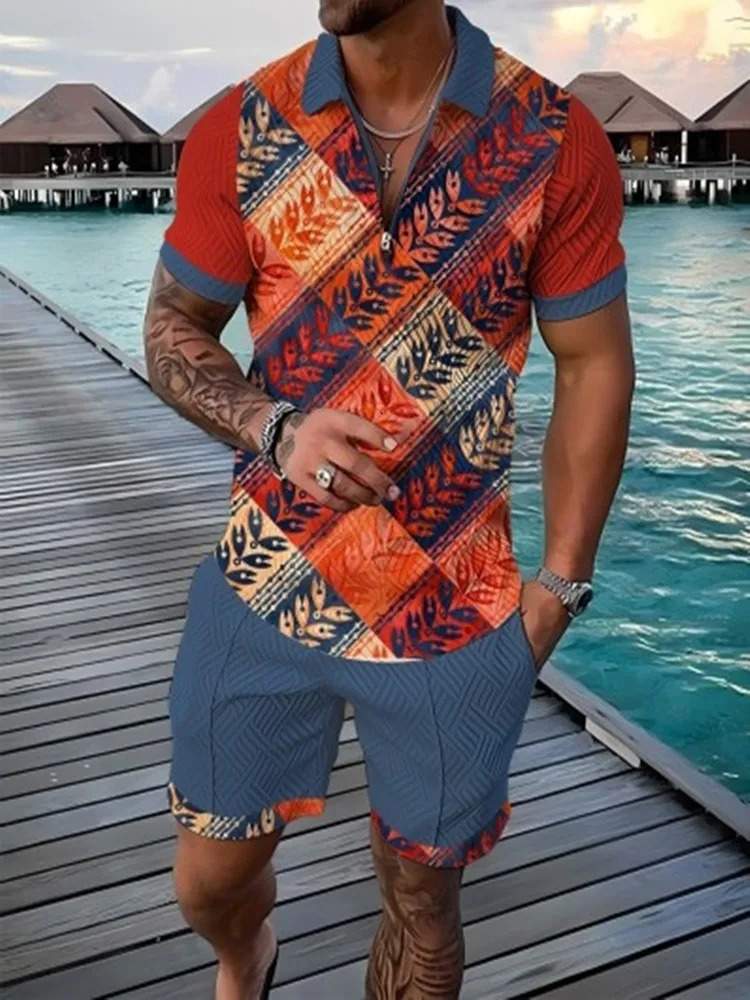 Fashion summer mens flower shirt casual holiday shortsleeved Polo set 3D printed clothing 2 pieces 250207