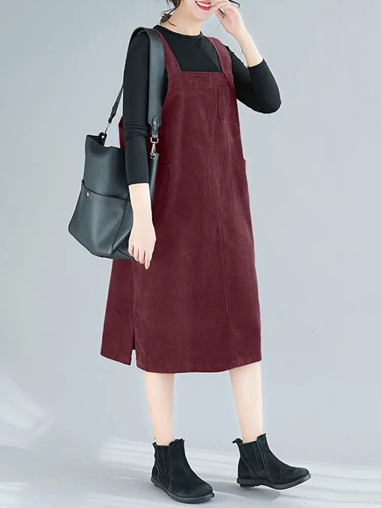ZANZEA Womens Corduroy Dress Retro Shoulder Strap Sundress Autumn Solid Sleeveless Pocket Midi Vestidos Pendant 250207