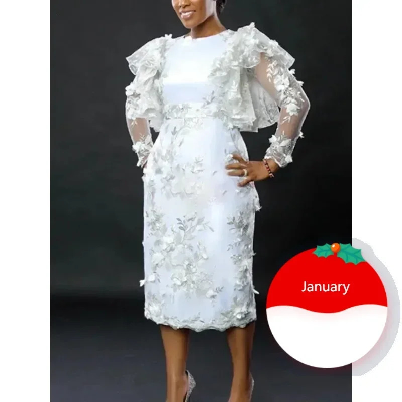 White Appliques Flower Dres Embroidery Midi Dresses Elegant Ruffles Tulle Long Sleeve Birthday Wedding Outfits 250207