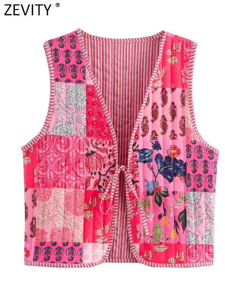 Zevity Women National Style Sleeveless Patchwork Floral Print Quilted Vest Jacket Ladies Lace Up WaistCoat Chic Crop Tops CT6267 250207