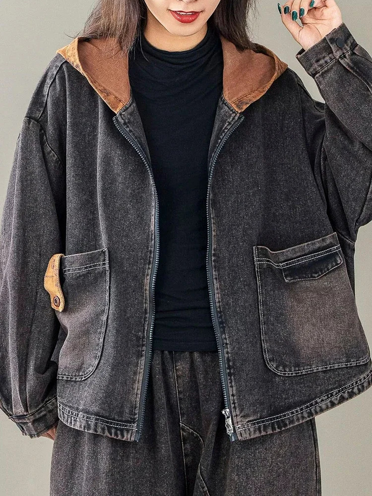 Fall Korean Females Fashion Clothes Womens Hooded Denim Jackets Loose Vintage Coats Ladies Casual Classic Outerwear 250122