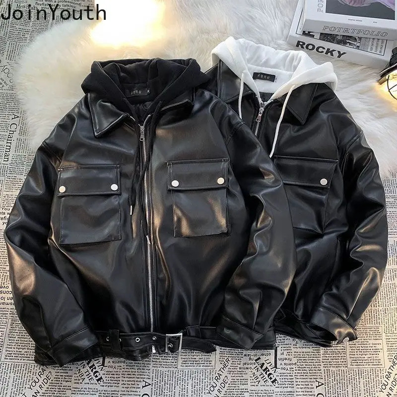 Street Clothing Hooded Leather Jacket Womens Clothing Splicing Work Leave Two Retro Jackets Harajuku Fashion Casual Y2k Jacket Top 250206