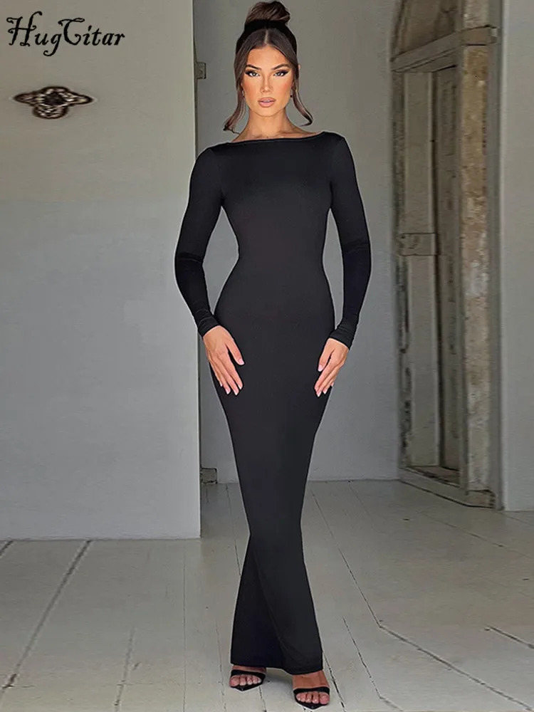 Hugcitar Spring Elegant Long Sleeve Backless Solid Cuched Sexy Bodycon Maxi Prom Dress Women Outfit Evening Party Festival Y2K 250208