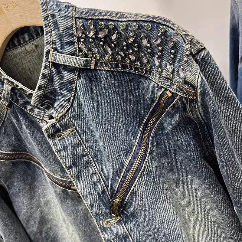 Short Cow Coat Diamond-Encrusted Women Denim Jackets Outwear Fashion Spring Autumn Chic Zipper Denim Jacket Female 250122